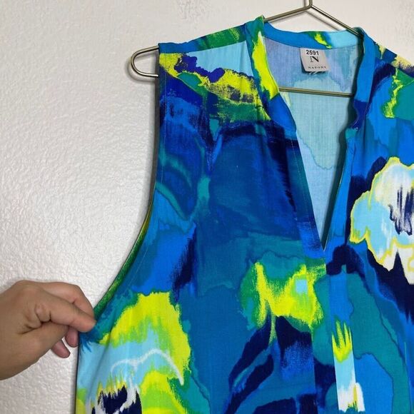 Natori MuuMuu Dress Medium Blue Tropical Maxi Long Double Slit Sleeveless Caftan - Picture 1 of 8